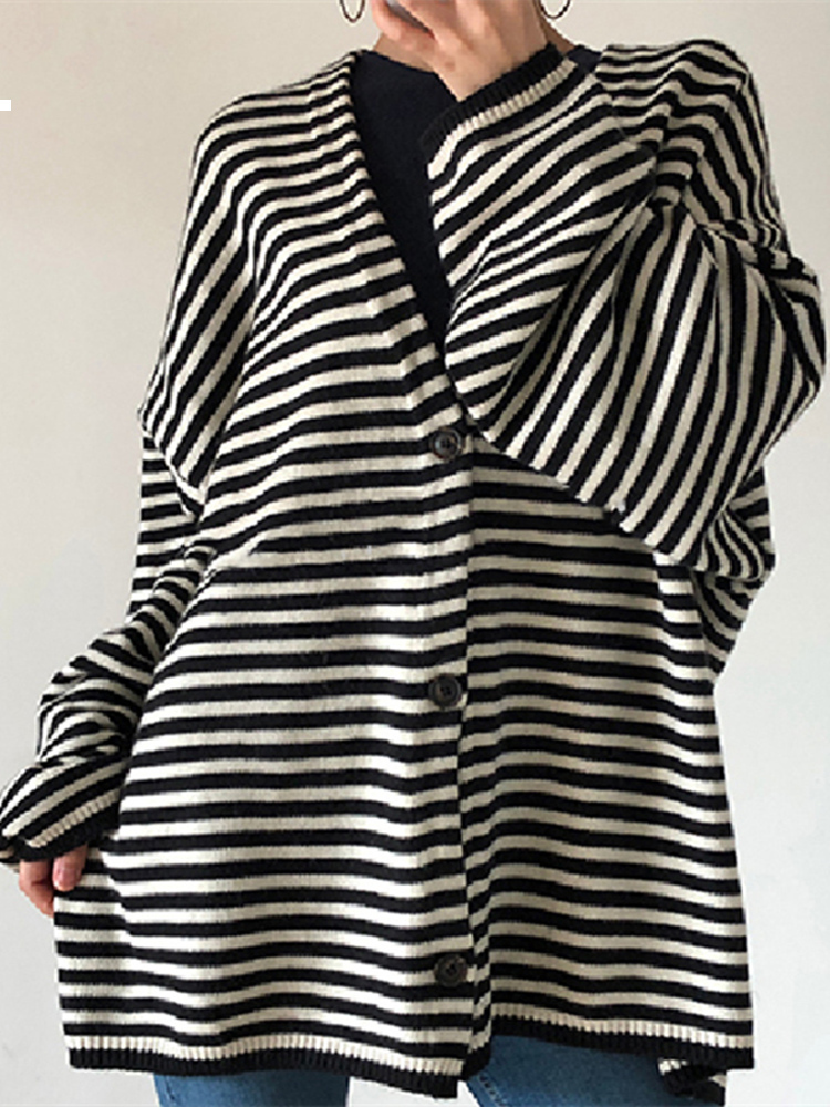 

Spring 2021 New and New Autumn Striped V-neck Cardigan Sweater Vintage Women's Clothes Gams YLHI, The shown in figure