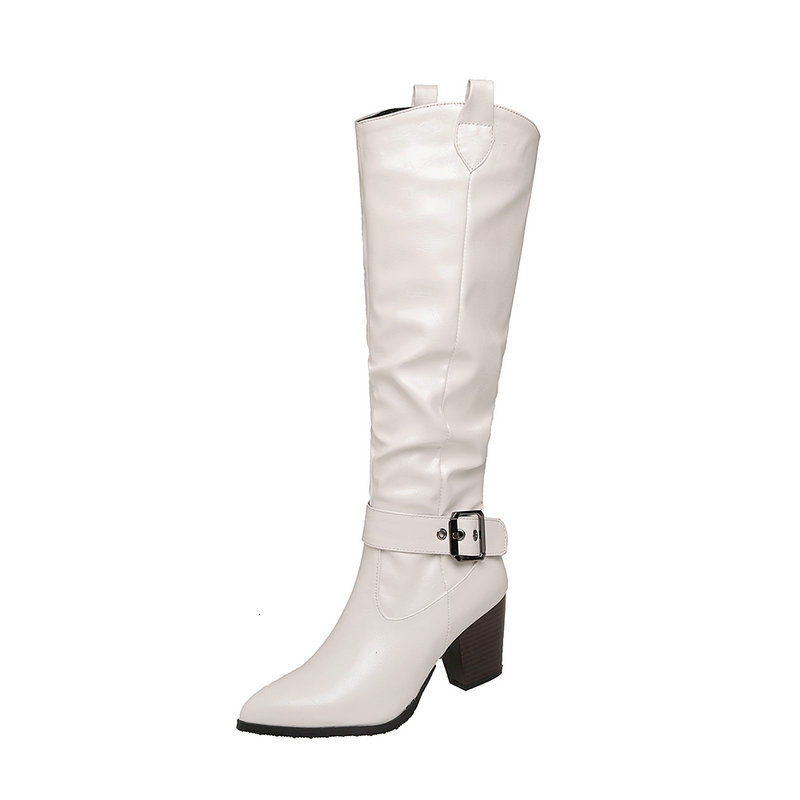 

2021 New Fashion Wedding Working Knee High Sexy Winter Boots for Women Newest Pointed Toe Heels Shoes Woman Qywi, White