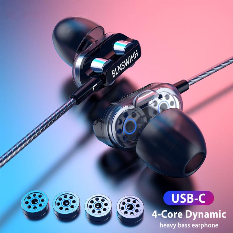 

Dual Drivers Wired Earphone Four Core Dynamic HIFI Earphone Super Base Line Control With Mic Speaker Headsets for Huawei