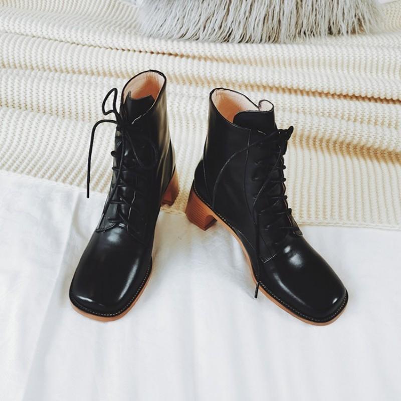 

New Fashion Women Block Med Heels Square Toe Genuine Leather Ankle Boots Vintage Lace Up High Top Shoes Motorcycle Leather Shoes, Brown normal