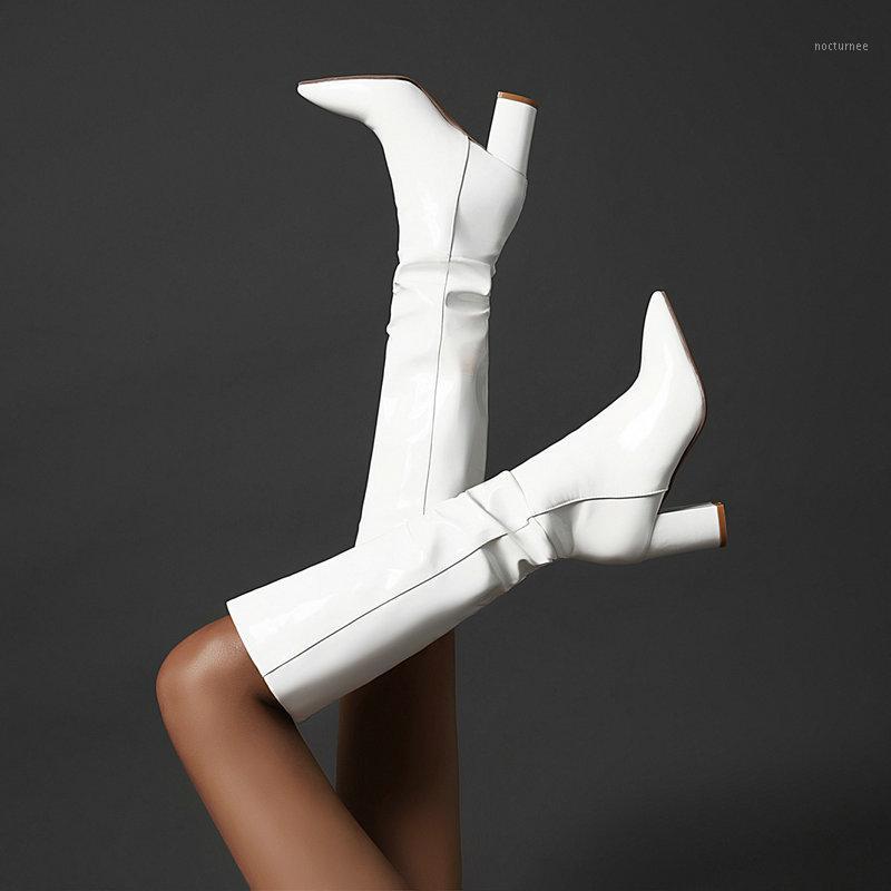 

2020 fashion women boots square high heels pointed toe ladies party wedding shoes winter solid color knee high boots1, Blue