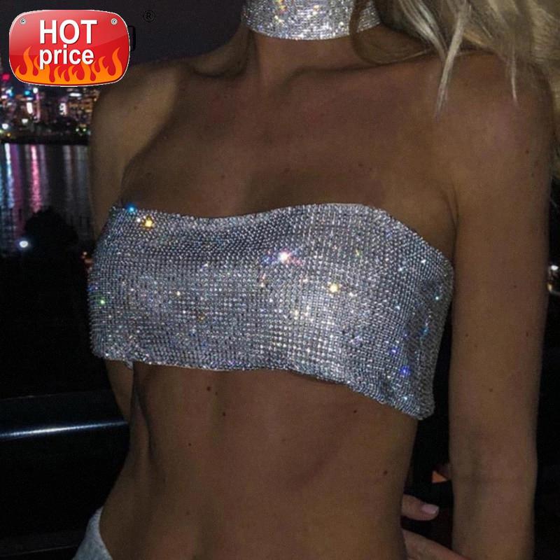 

Women's Sexy Club Crystal Sequins Crop Tops Strapless Backless Elastic Bandage Metallic Mesh Party Bralette Cropped Tank Top #ti4X, White