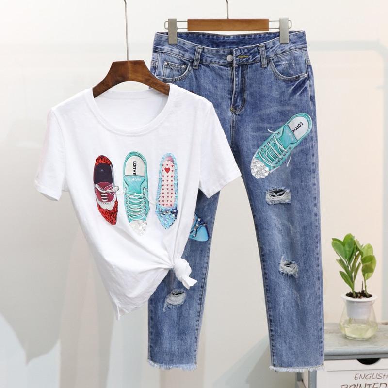 

2020 Summer Women Fashion Shoes Pattern Short Sleeve T-shirt + Broken Hole Jeans Suit gIRL Students 2 Piece Suit1, Black t