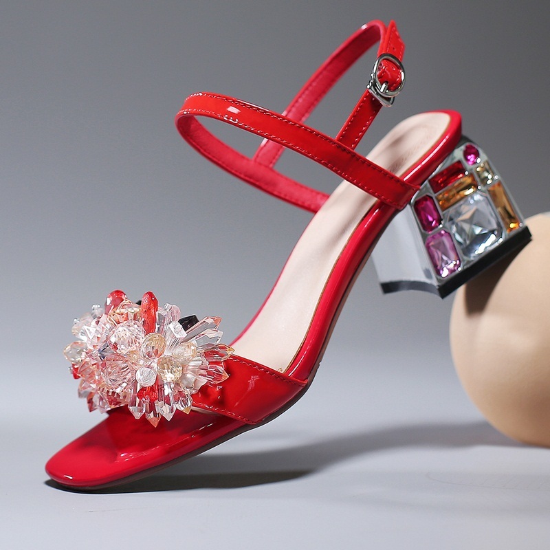 

2021 New Genuine Leather Women's Sandals Strass High Heels White Wedding Shoes Big 34-43 Crou, Red 5.5cm heels
