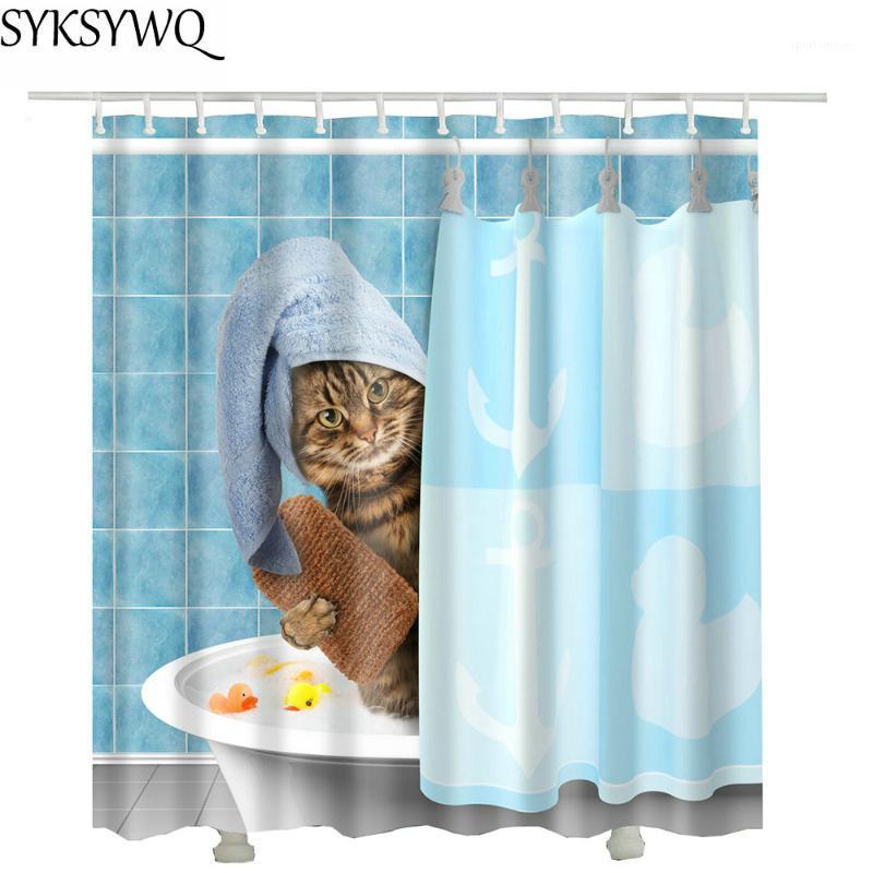 

cutely pet cat take bath Shower Curtains drop shopping Creative Waterproof Polyester Fabric Shower Curtain Bathroom1