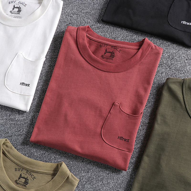 

2021 New Men's Retro Solid Color Pocket Decoration Pure Cotton T-shirt Men Round Neck Short Sleeve Bottoming Shirt Streetwear 0d7d, Army green