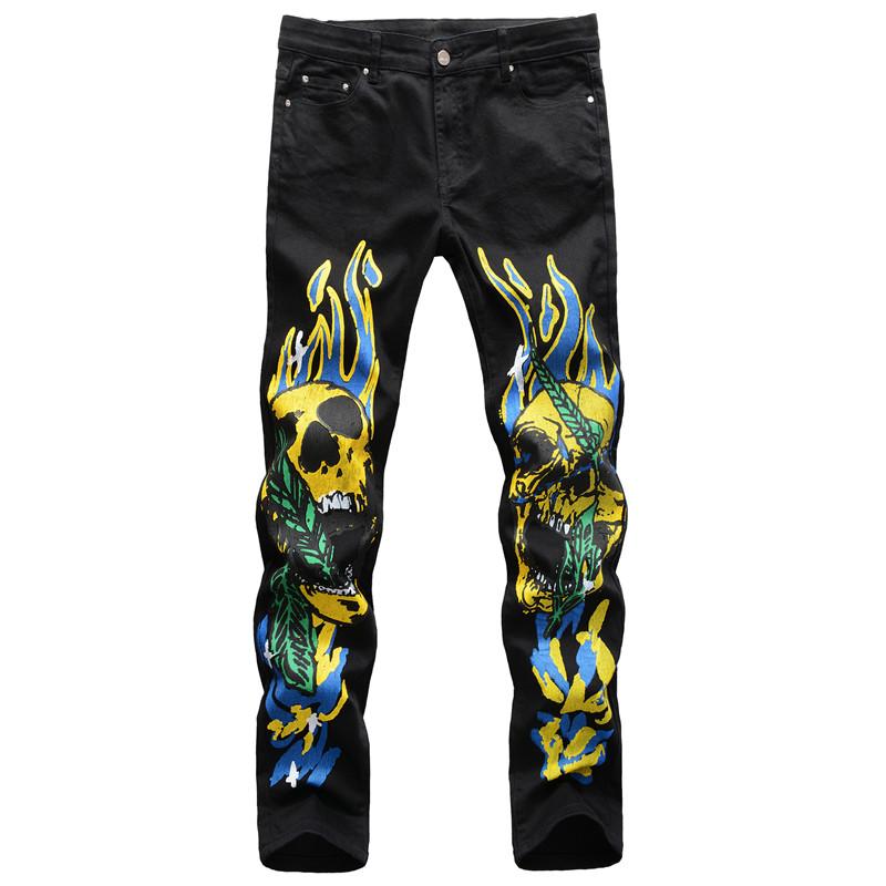 

ABOORUN 2021 Men's Fashion 3D Skull Flame Printed Jeans Plus Size 42 Graffiti Pencil Denim Pants for Male, White