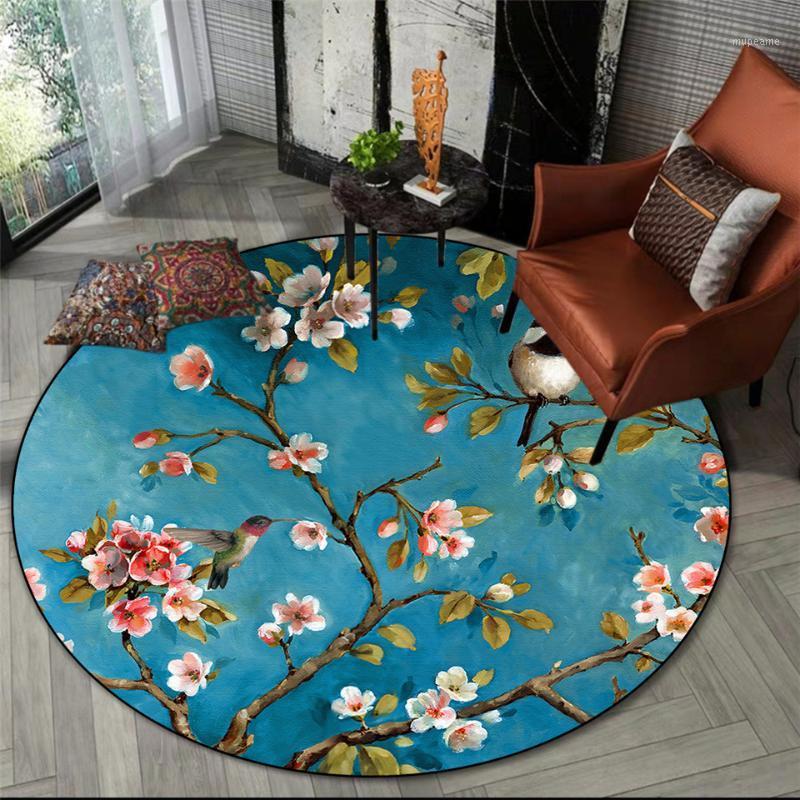 

American Style Flower And Bird Printed Carpet Round Blue Rural Style Mat Living Room Area Rug Bedroom Decor Chair Mat Retro1