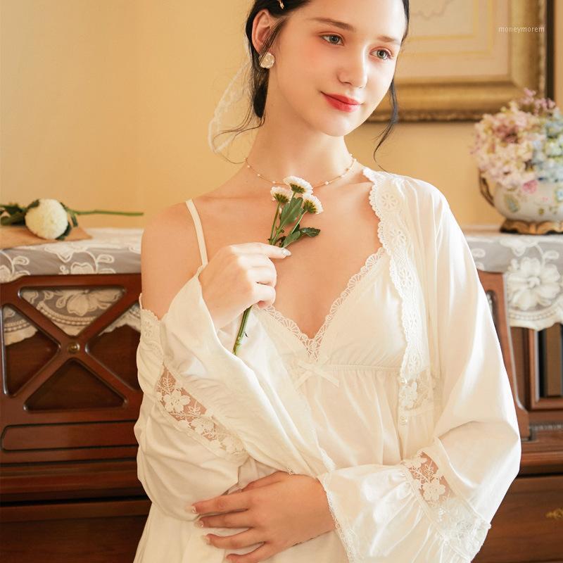 

2 Pieces Vintage Robe Lace Long Robe Set Women New 2020 Autumn Wonderful Nightgown Romantic Sleepwear Robes Bridal Dressing Gown1, Blue