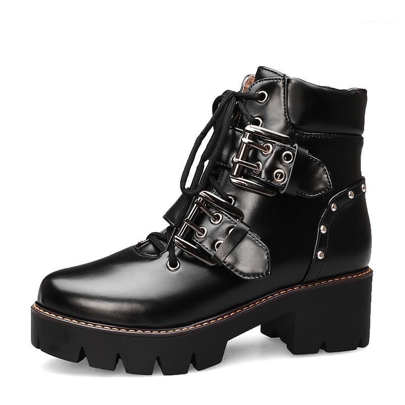 

Fashion Buckle Black Gothic Boots Woman Punk Lace-up Chunky Heels Ladies Short Boots Comfortable New Arrival Drop Ship1, Black shoes
