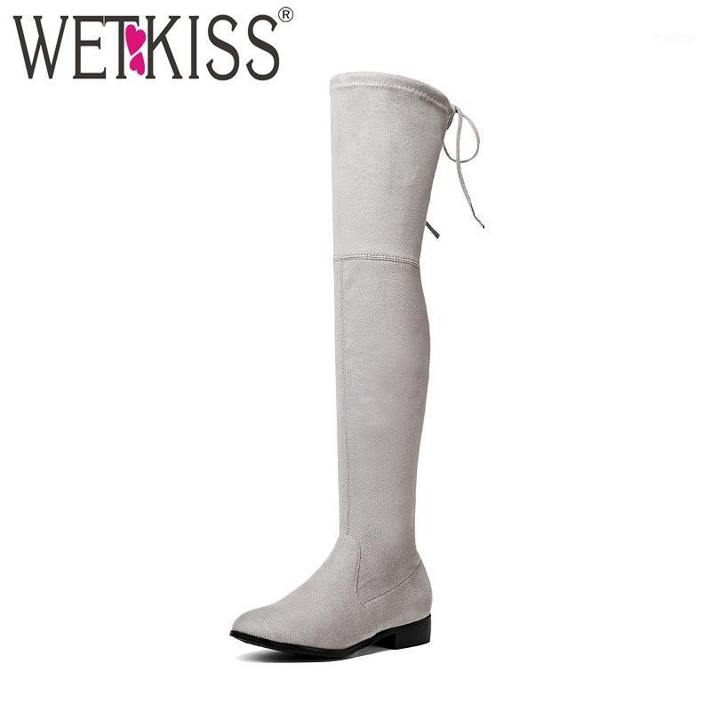 

WETKISS Square Low Heel Woman Stretch Fabric Over The Knee Boots Women Shoes 2020 New Winter Ladies Motorcycle Boots Size 34-431, Blue