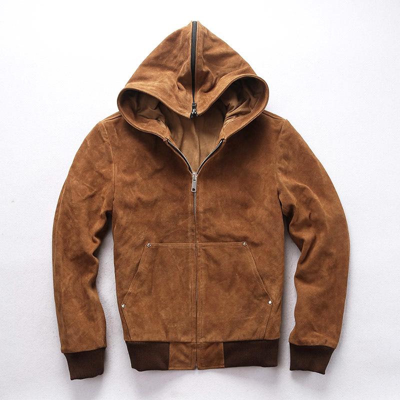 

New Autumn Winter Genuine Leather Men's High Quality Soft Cowhide Hooded Collar Baseball Coat Windbreak Waterproof Jacket, Vintage yellow