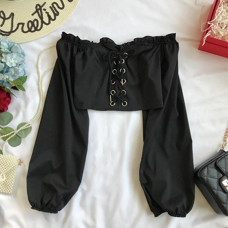 

Herstory spring summer sexy crop top strapless slash neck lantern sleeve lace-up Blouses chic ulzzang hipster Shirts, Black
