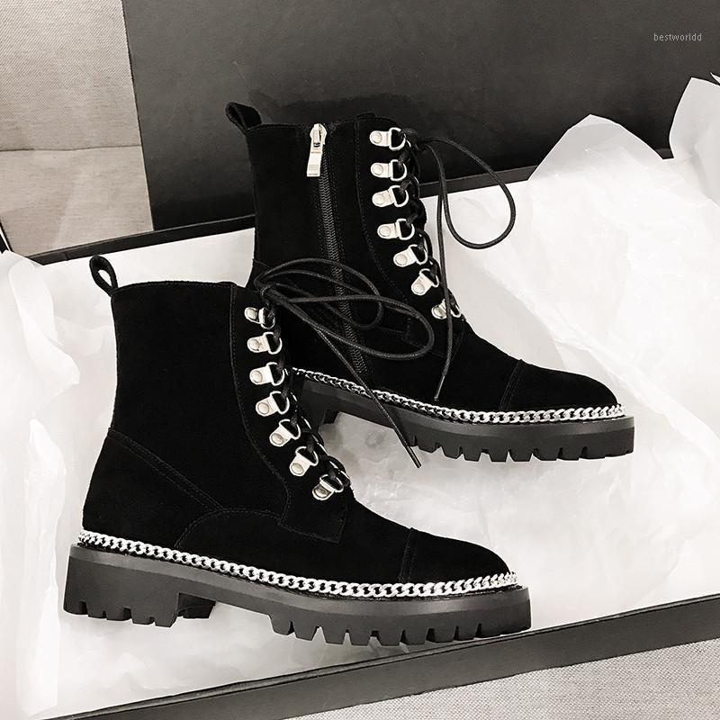 

Boots Women Zapatos De Mujer Round Toe Ladies Boots Lace Up Female Shoes Square Heels Winter Leather Black Chain1, Leather lining