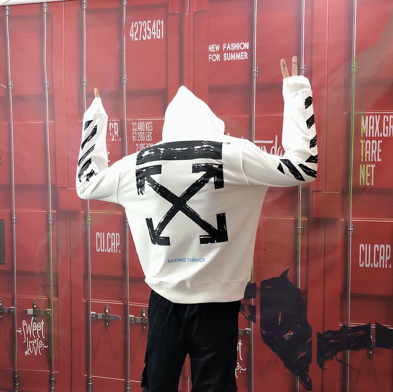 

Fashion Off Style White Basic Men's and Women's Arrow Cotton Loose Jacket, Black