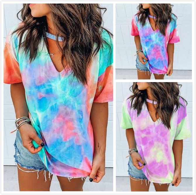 

Tie-dye Tee Shirts Large Sizes 5XL Ladies Tops 2020 Womens Summer V-neck Tye-Dye Shirt New Women Loose Short-sleeved T-shirt1, Orange