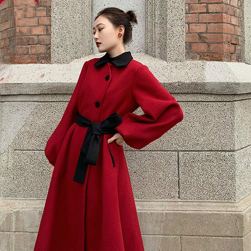

2021 Women Autumn Winter Vintage Wool Blend Coat Lady Sashes Single Breasted Mid-long Outwear Female Casual Oversize Jacket F248, Red