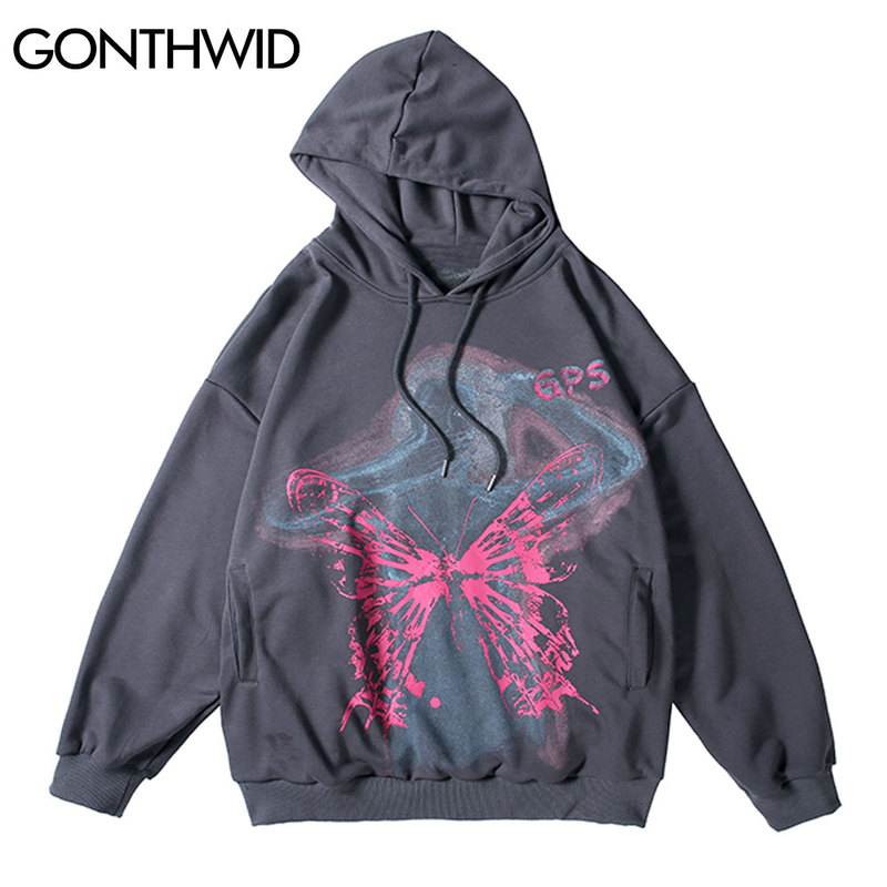

Creative Graffiti Butterfly Print Hoodies Sweatshirts Streetwear Mens Harajuku Fashion Casual Pullover Hooded Outwear, Gray