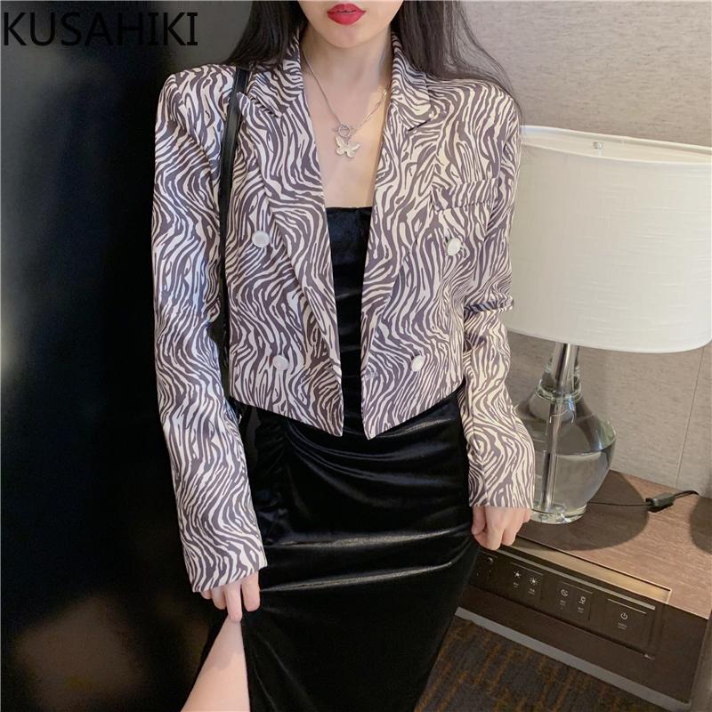 

KUSAHIKI Korean Stripe Women Blazer Coat Causal Notched Collar Short Suit Jacket 2021 Spring New Double Breasted Blazers 6F177, Photo color