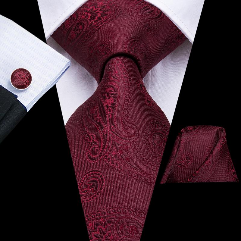 

Bow Ties Hi-Tie Designer Men Necktie Red Wine Burgundy Solid Silk Wedding Tie For Hanky Cufflinks Set Business Party Drop