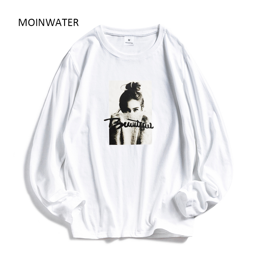 

MOINWATER New Women Fashion Long Sleeve T shirts Female Cotton White Tees&Tops Lady High Street Casual Black Tshirt MLT1904 201125