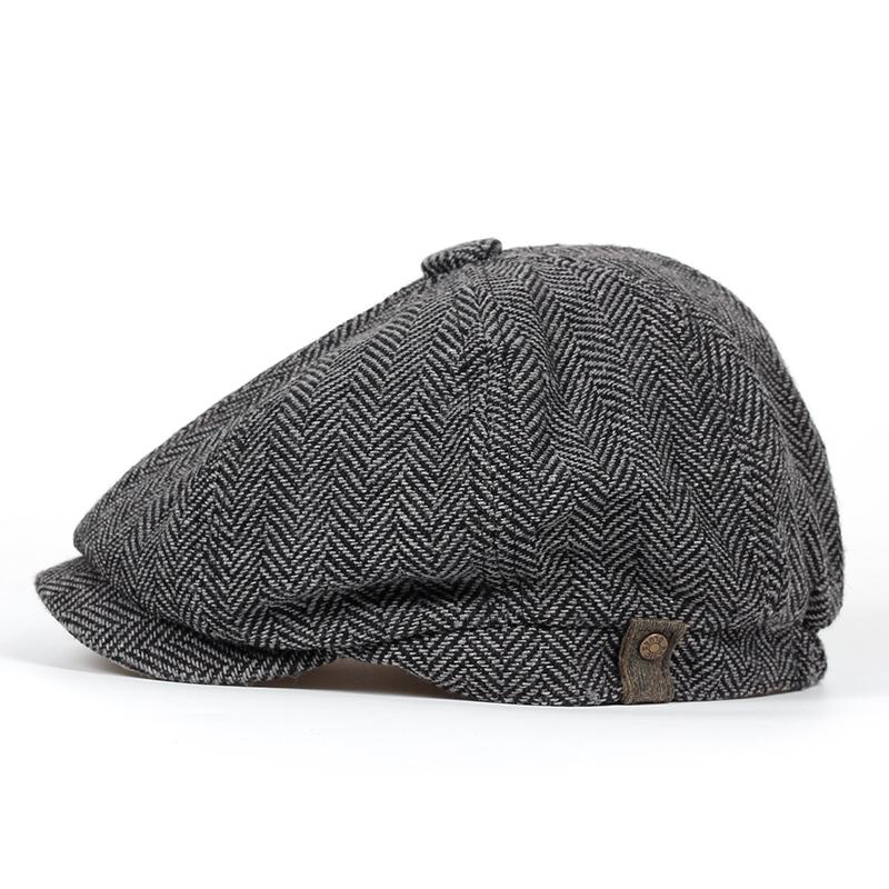 

Fashion Herringbone Tweed Gatsby Newsboy Cap Men Wool Ivy Hat Golf Driving Flat Cabbie Flat Unisex Berets Hat, Dark grey