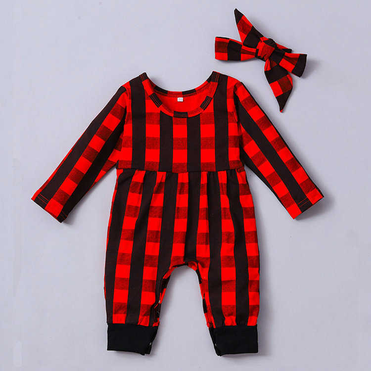 

KIDSBaby Jumpsuits Rompers Spring and Autumn Christmas Red Plaid Long Sleeve Butterfly Knot Climbing Clothes