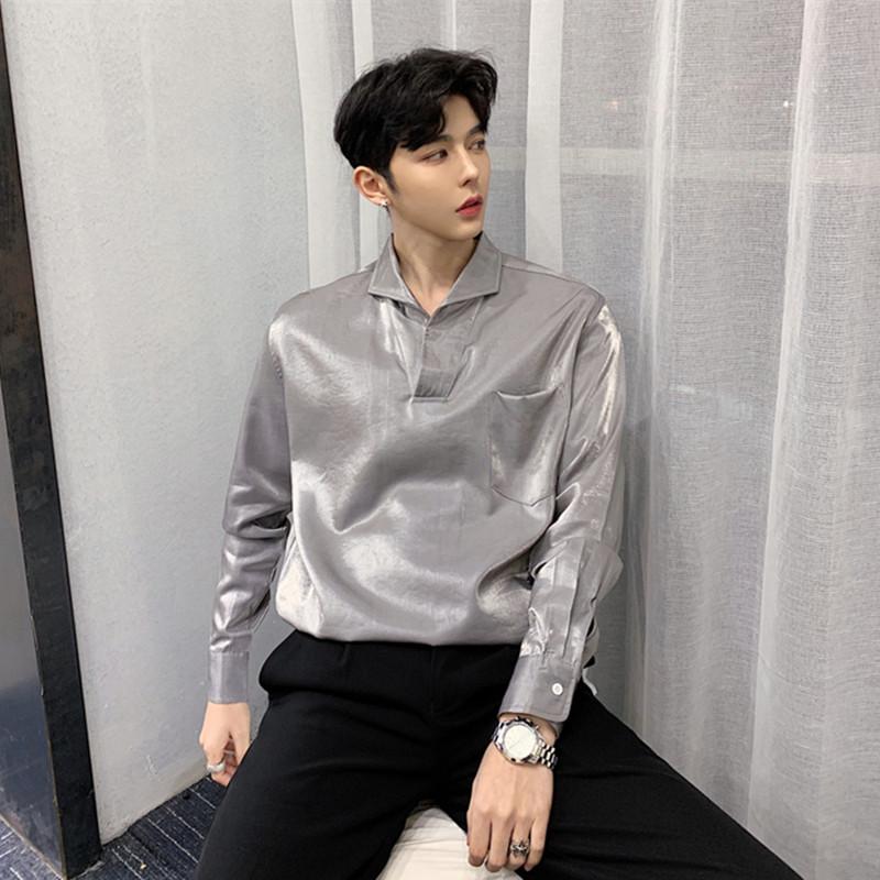 

Spring Men's Long Sleeve Pullover Shirt Black Gray Thin Loose Shirts Bright Silk Satin Pullover Shirt Tide Male Fashion Tops