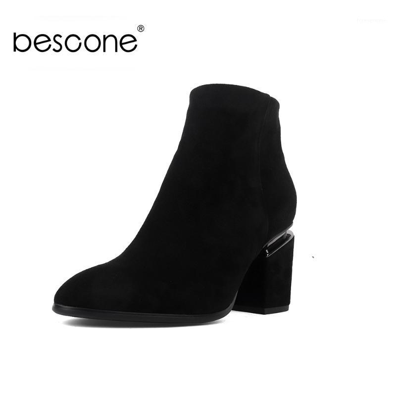 

BESCONE Ladies Ankle Boots Suede Black Handmade Zipper Square Heel Shoes Fashion Pointed Toe Super High Heel Women Boots BY1621