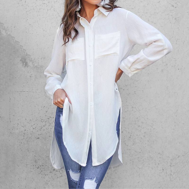 

2021 New 11 Colors Elegant Cellia Sleeve White Blouse Female Shirts Office Ladies Work Wear Women's Turn Collar Tops 03M8