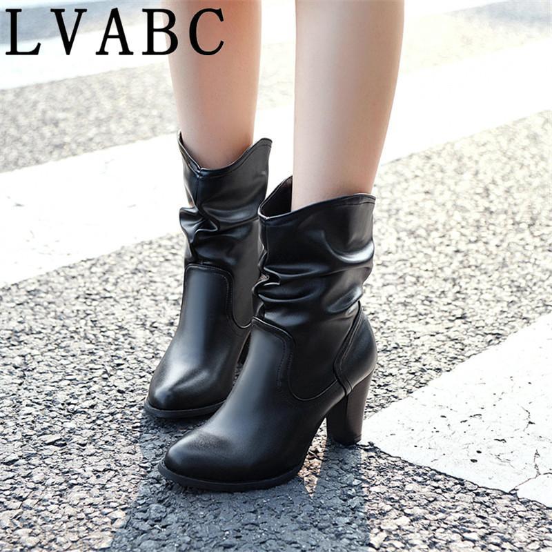 

Round Heels PU Ankle Boots for Women Slip-On Pleated Solid Short Plush Women Boots High Winter Gray Brown1, Black