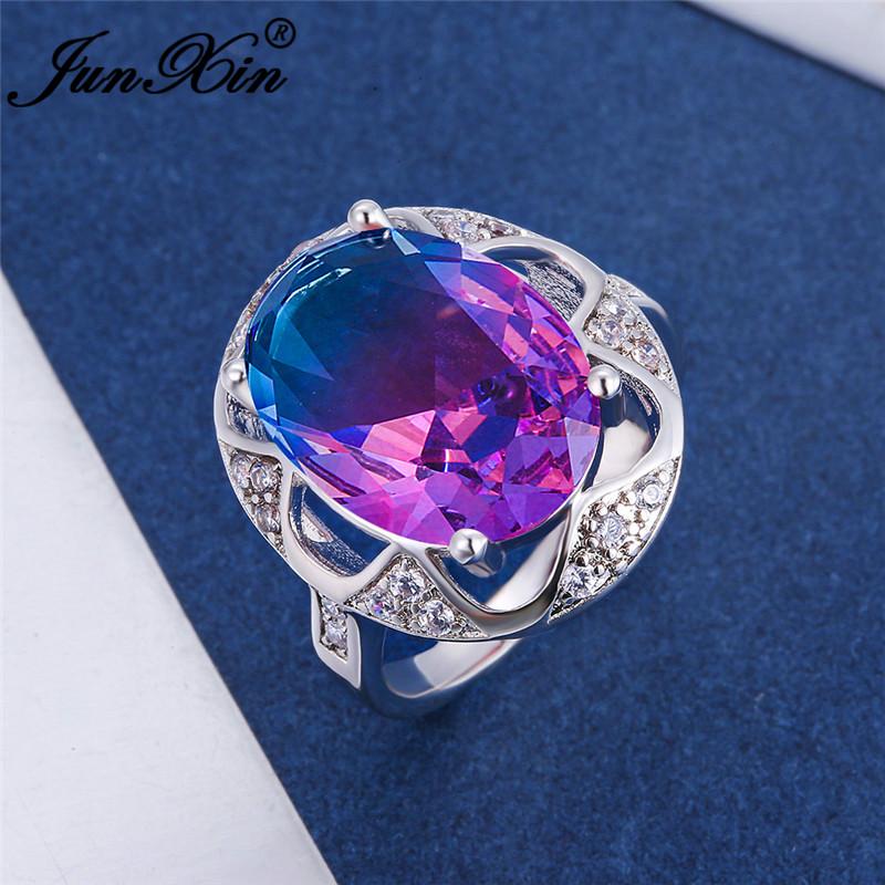 

Mystic Gradient Blue Green Pink Zircon Big Oval Stone Rings For Women White Gold Colorful Rainbow Crystal Wedding Bands Jewelry