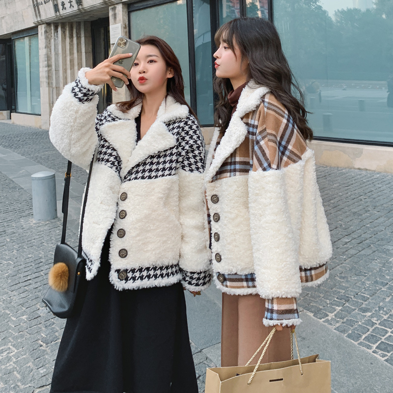 

2021 New Women's new Korean style short quilted stitching houndstooth fashion women winter coat wool R0EK, Black