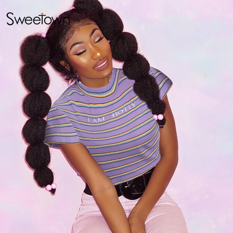 

Sweetown Casual Striped Streetwear T Shirt Women Short Sleeve Turtleneck Tee Shirt Letter Print Cute Tshirt Harajuku Kawaii Y200412, As picture
