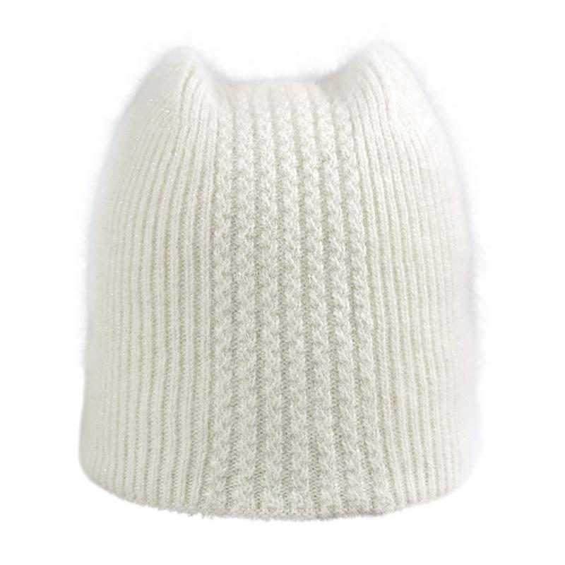 

Winter Knitted Beanie Hat for Women Cute Kitty Ears Furry Hood Autumn Winter Faux Wool Ear Warmer Solid Color Thicken Warm M7DD, White