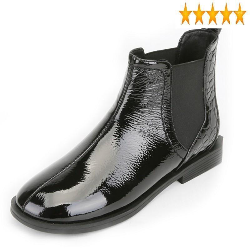 

Brand 2021 Spring Autumn New Womens Patent leather Flat British Square Toe Slip On Elastic Mouth Black Female Ankle Boots1