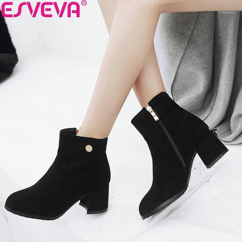 

ESVEVA 2020 Winter Ankle Boots Square High Heels Women Shoes Zip Flock Short Plush Solid Woman Round Toe Basic Shoes Boots 34-431, Black
