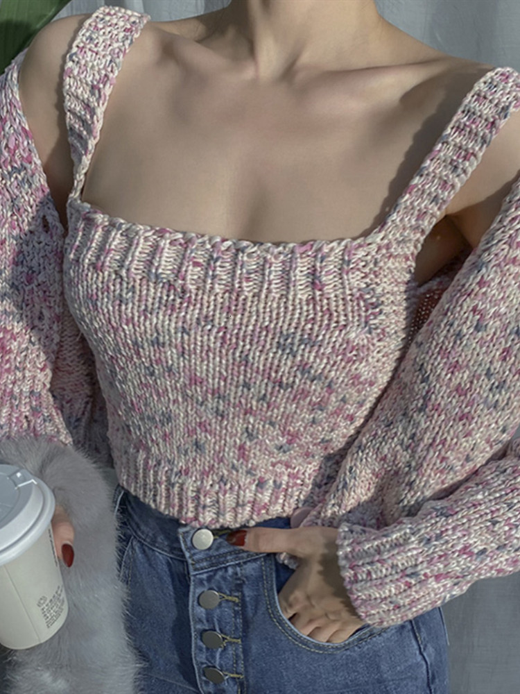

2021 Autumn Winter Knitting Clothes Pink Cotton Nightgown Two Pieces Together for Women Sweet Handles Long Harvest Short Cardigan Top RJ50, Pink strap.