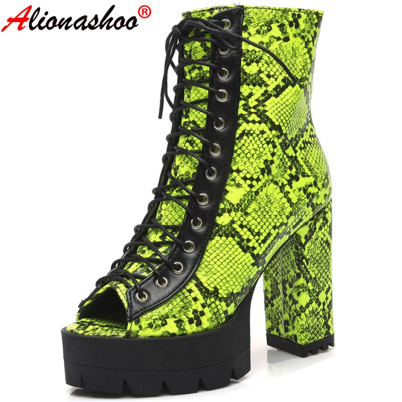 

Aliona Shoo Platform Peep Toe Autumn Ankle Boots For Women Snake Print Female Shoes Lace Up Motorcycle Boots British Style 35-43, White