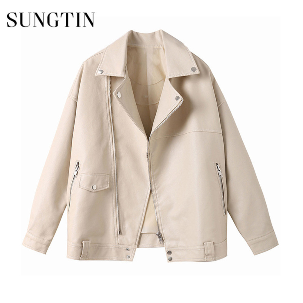

Sungtin Autumn New Beige Faux Jacket Women Casual Oversized Motorcycle Biker Leather Coat Female Soft PU Loose Outerwear, Tan;black