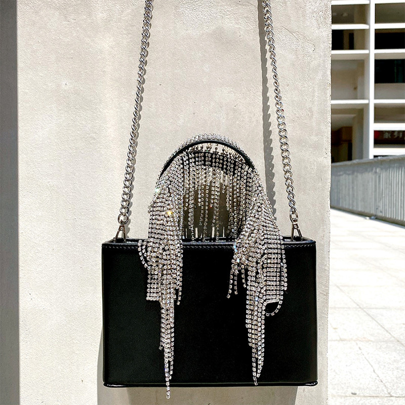 

Luxury Rhinestone Tassel Evening Handbag Women 2021 New Korean Summer Diamonds Square Shoulder Bags Evening Clutch Black Purse, Black-s
