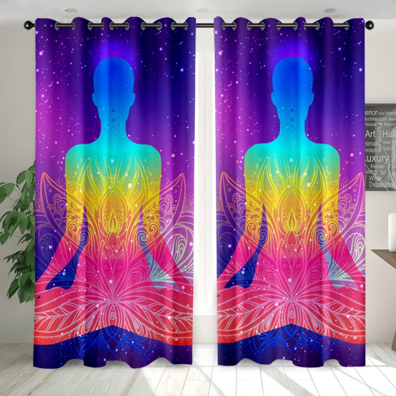 

2 Panels Buddha Curtain 3D Yoga Seven Chakras Print Blackout Window Drapes Polyester Fabric Curtain Custom Mandala, Color-2