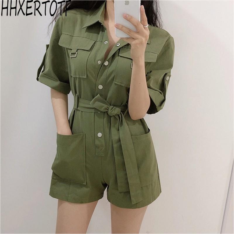 

2020 Summer Woman Jumpsuits & Rompers Casual Single Breasted Lace Up Short Wide Leg Pants Cargo Playsuit, As picture