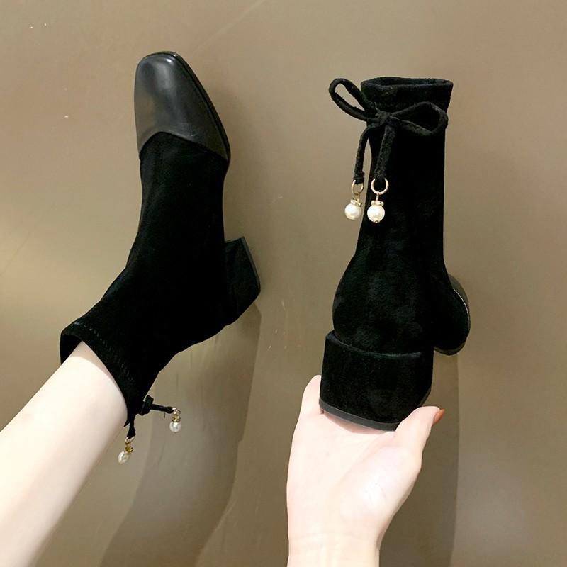 

Short boots women 2020 mid-heel square head boots women's single online celebrity thick heel elastic women's, Black