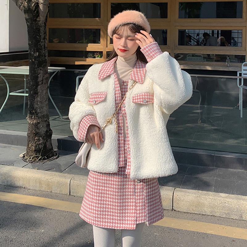 

Autumn Winter Women Sweet Lolita Style Two Piece Set Elegant Plaid Patchwork Plush Jacket + Bodycon Mini Short Skirt Girly Suit, Pink