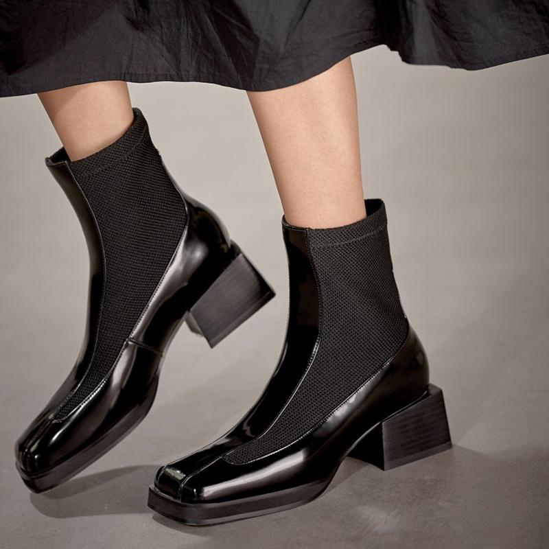 

CIALISA Women Shoes Patchwork Slip On Sexy Handmade Boots Autumn Winter Square Toe High Quality Chunky Heel Ankle Mid Heel Boot, Black