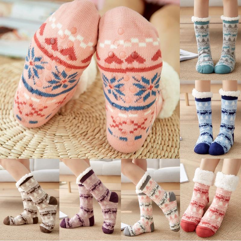 

Christmas Socks Women Cotton Socks Print Thicker Plus Velvet Anti-slip Floor Winter Warm Carpet Ladies Funny