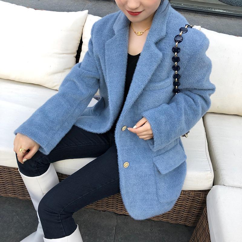 

EWQ] Autumn Winter Warm Jacket Turn-down Collar Long-sleeved Single Breasted Loose Minimalist Cotton Woolen Blazer Top 8D219, Haze blue
