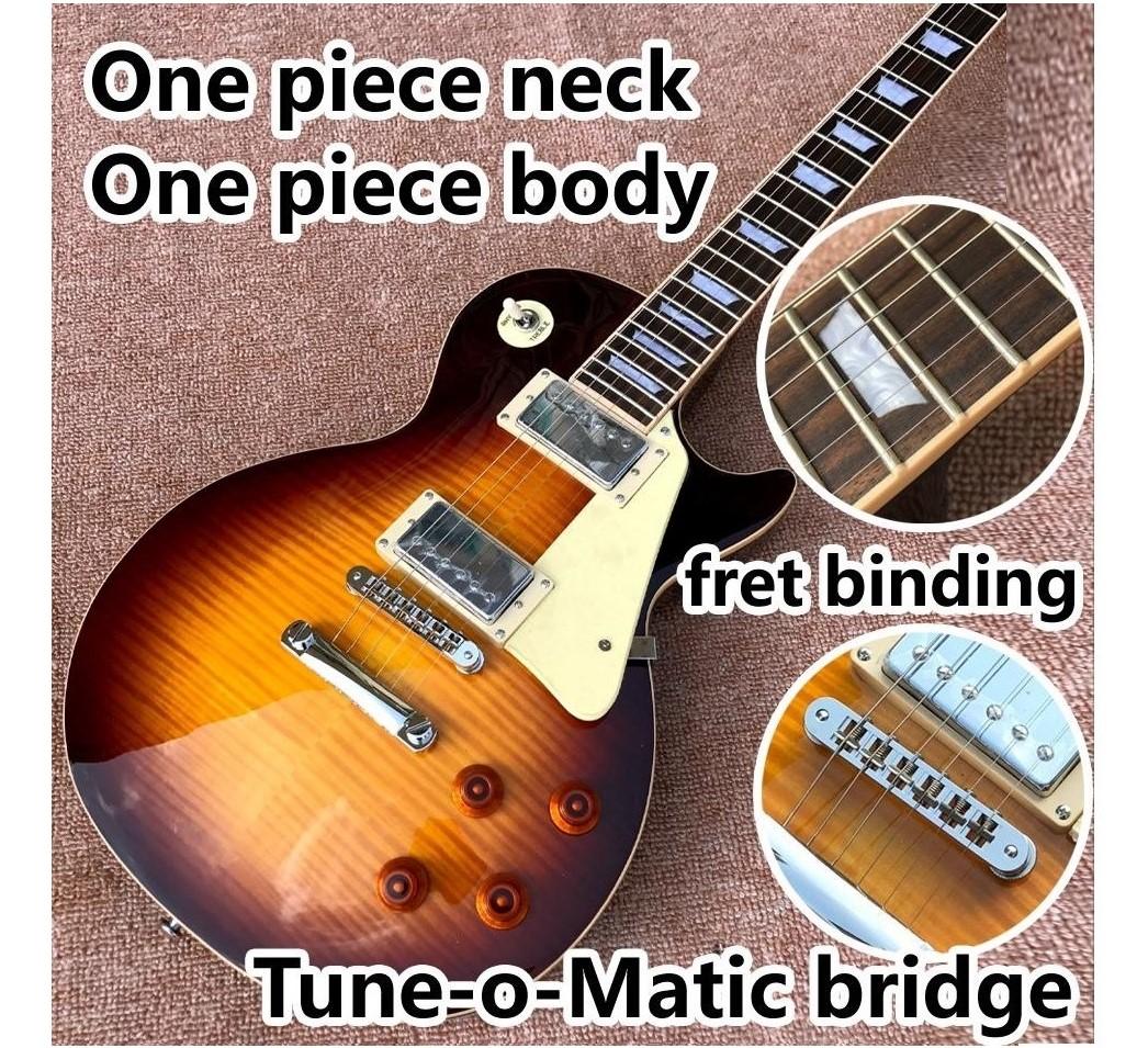 

one piece Neck one piece body electric guitar in sunburst ,Upgrade Tune-o-Matic bridge guitar Tiger Flame guitar Smoke colour