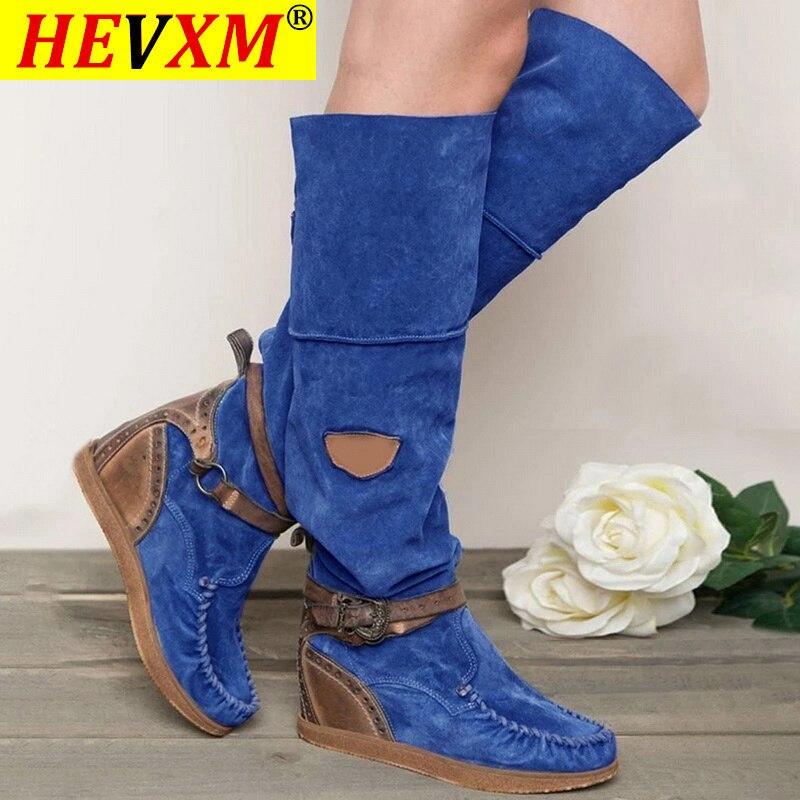 

2020 Shoes Women Knee High Boots Fashion Flock Buckle Stylish Ethnic Platform Boot Winter Snow Boots Warm Long Lady Shoes, Black